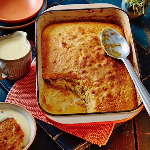 Easy traybake treacle sponge pudding recipe with ultimate custard