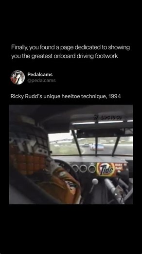 Pedal Cams on Instagram: "Ricky Rudd was widely respected for his precise car control, and his use of the heel toe technique became one of his defining skills behind the wheel. By blending braking and throttle inputs at once, Rudd could keep his car balanced while downshifting, maintaining speed and stability as he entered corners. In the era of heavy, high-powered stock cars, his smooth coordination made the difference between sliding wide and holding the perfect racing line, earning him a repu