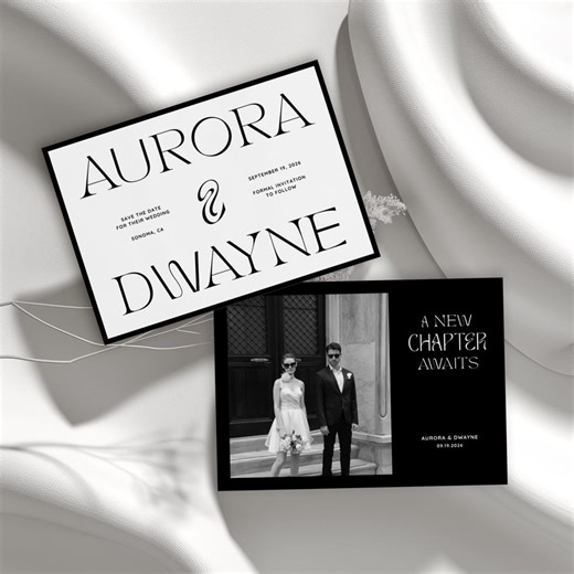 Modern Wedding Save the Date • Canva Template • Black & White, Minimalist, Landscape Card - Etsy