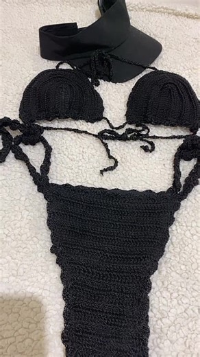 Stylish Black Knitted Bikini Set and Hat Showcase