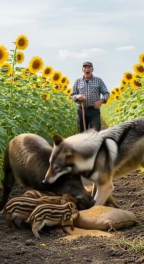 Wolf Attacks Boar Family in the Forest