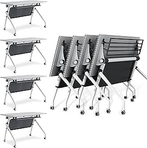 Folding Conference Table Portable Office Table with Universal Wheel,Flip Top Mobile Training Seminar Table,Modern White Modular Conference Room Tables for Offices Seminar Room (4PCS 47.2INCH)