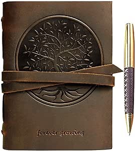 Leather Bound Journal for Men and Women, Handmade Gift Set with Tree of Life Embossed Journal and Stylish Pen, Vintage and Classic, Notebook, Sketchbook, Planner and Diary (300 Pages) (7x5")