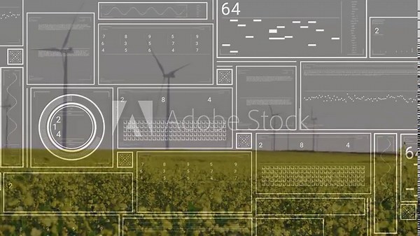 Wind farm and crop field being visualized, data feed driving overlays updating, tracking turbines