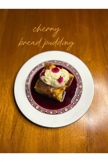 Cherry bread pudding, cherry wine syrup and hogplum ice cream 🍞🍒🍨 This is the easiest sweet fix I know. For the pudding 1 whole brioche bread 4 large eggs 300ml thick cream 100ml condensed milk 1 tbsp vanilla essence For the syrup 300g cherries (strain the cherries and use it in the pudding) 80ml cherry wine (you can use any red wine) 60g sugar 1 cinnamon stick 3 cardamom pods Method Make the syrup first. Add the cherries to a saucepan on low heat and add all the ingredients and simmer them o
