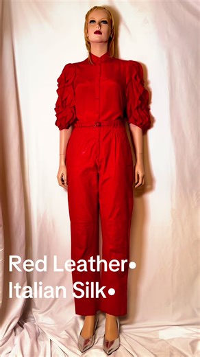 Stylish Red Leather Trousers and Italian Silk Blouse