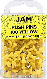 JAM PAPER Colorful Push Pins - Yellow Pushpins - 100/Pack