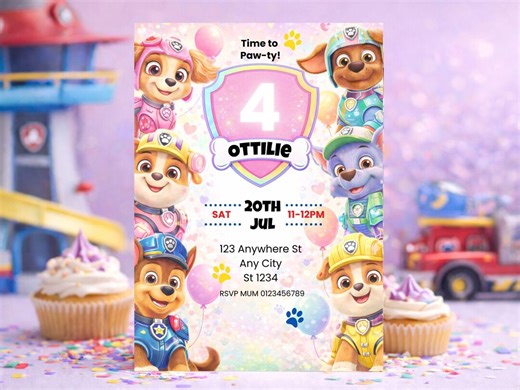 Paw Patrol 4th Birthday Invitation, Canva Editable 5x7 Party Invite, Paw Patrol Girl Invite, Digital Download, Kids Birthday Party - Etsy