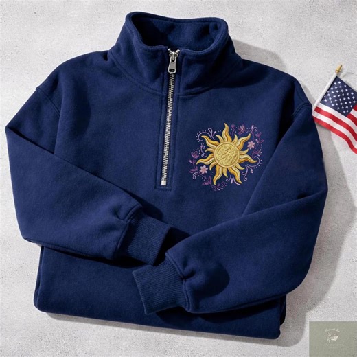 Rapunzel Sun Embroidered Quarter Zip Sweatshirt, Tangled Inspired Pullover, Minimalist Disney Zip Up, Cozy Princess Apparel Gift for Her - Etsy