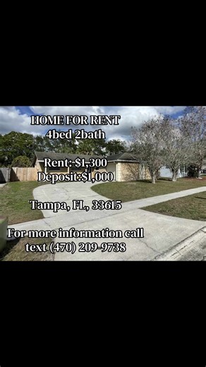 🏡🔥 STOP SCROLLING — TAMPA RENTAL GOING VIRAL! 🔥🏡 This is the kind of deal everyone on TikTok is hunting for 👀👇 📍 8229 Greenleaf Cir, Tampa, FL 33615 ✨ Property Details: 🛏️ 4 Spacious Bedrooms 🛁 2 Full Bathrooms 💰 Rent: $1,300/month 🔐 Deposit: $1,000 🏠 Open, comfortable floor plan with great natural light 🍽️ Functional kitchen with plenty of cabinet space 🌴 Quiet, well-kept neighborhood 🚗 Minutes from shopping, dining, schools & major highways Finding a 4-bedroom home in Tampa at t