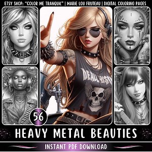 Grayscale Heavy Metal Beauties Coloring Pages | Printable Portraits (PDF) - Etsy