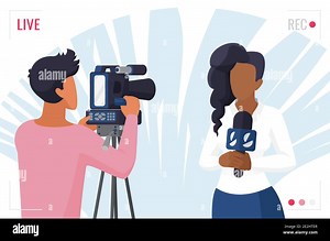 Journalist tv news, reporter video interview with camera vector illustration. Cartoon woman interviewer with microphone and professional cameraman videographer, journalism concept isolated on white Stock Vector Image & Art - Alamy