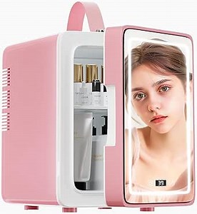 Skincare Fridge With Dimmable LED Light Mirror, 4L Makeup Mini Fridge for Bedroom, Car, Office & Dorm, Cooler & Warmer, Portable Mini Fridge for Cosmetics, Skin Care and Food(Pink), MNRF002