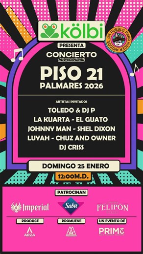 P R I M E on Instagram: "🔥 LINE UP OFICIAL – PALMARES 2026 🔥 Domingo 25 de enero Desde las 12:00 mediodía Palmares se prende desde temprano y no baja la intensidad 🔥 Antes del show internacional de PISO 21, viví una pasarela de artistas nacionales que van a convertir el día en una verdadera fiesta: 🎤 Toledo & DJ P 🎶 La Kuarta 🔥 El Guato 🎧 Johnny Man 🎤 Shel Dixon ✨ Luyah 💥 Chuz & Owner 🎶 DJ Criss Un día completo de música, flow, buena vibra y experiencias nunca antes vistas en Palmares,
