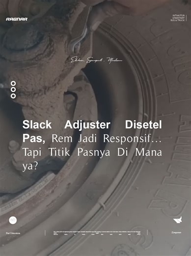 Bos, ini salah satu tahap penting di sistem rem: setel manual slack adjuster. Tujuannya simpel, nyari jarak pas antara kampas dan tromol supaya rem langsung respon saat diinjak Kalau terlalu rapat, rem gampang panas dan cepat aus. Kalau terlalu longgar, pedal bisa dalam dan pengereman jadi telat Makanya setelan di bagian kecil ini nggak bisa asal Pas jaraknya, enak rasanya. Rem pakem, aman, dan kerja unit juga lebih tenang Di unit kalian, terakhir disetel kapan bos? Info sparepart bus dan trukny