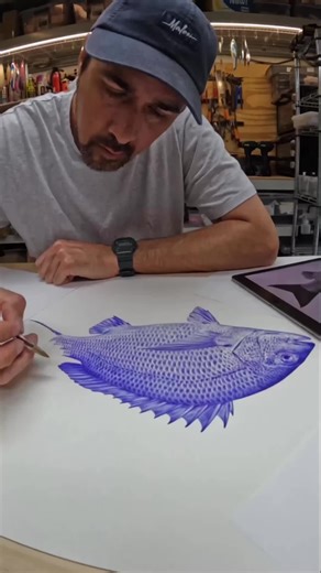 Malosi Studio on Instagram: "Niko bringing his 100% blue BIC biro pen art drawing to life. ⁠ ⁠ With 20+ years of experience, he’s a self-taught ballpoint pen artist, tattooist, and co-founder of Malosi Studio. ⁠ ⁠ His sketches capture the detail and beauty of fish, inspired by a life spent fishing, surfing, and creating.⁠ ⁠ #MalosiLures #FishingLures #FishArt"