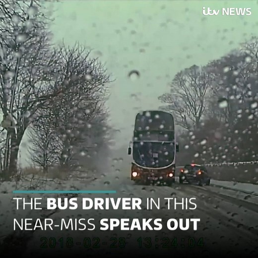 ‘It was scary when it happened, I'm not gonna lie' - The bus driver whose quick thinking prevented a serious crash says the near-miss looks is worse on video than it was in real life. Read more: http://bit.ly/2oFpo16 | ITV News