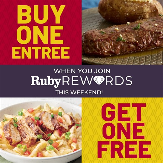 91 reactions · 12 shares | New members who join this Fri. & Sat. will receive a FREE entree with purchase of another entree. Download our app today! | Ruby Tuesday | Facebook
