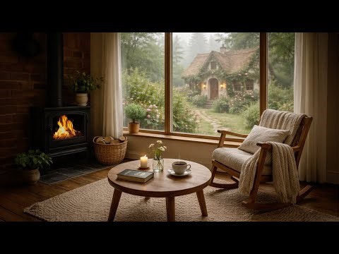 Foggy Spring Fireplace Ambience 🌿 Cozy Cottage, Gentle Fire Sounds, Peaceful Cloudy Day (No Music)