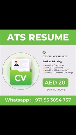 🇦🇪 Get Your Professional CV Created – Only AED 20! 💼 Let your CV stand out from the crowd.📄 🚀Stand out in the job market with a high-impact, professionally written CV that gets noticed. ✅ Professional CV /Resume /ats ✅Advanced Level CV /Resume /ats ✅ ATS-friendly formatting ✅ Fast turnaround ✅ PDF File ✅ Sharing on WhatsApp / Email etc. 📩 DM now to get started – limited-time offer Your First Step Towards a Successful Career! WhatsApp: 0-5-5-3-8-5-4-7-5-7 Looking to stand out in today’s com