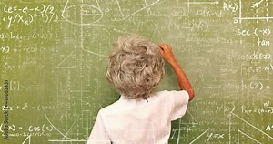 Animation of floating mathematical equations over teacher writing on blackboard Stock Video