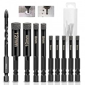 Dimaond Drill Bits for Glass Ceramic Tile,10PCS Ceramic Drill Bit for Pots Core Hole Saw for Drilling Porcelain Marble Granite Round Shank 1/4,5/16,3/8,1/2 Inch