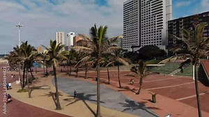 Drone flying over the beach walkway in Durban, Kwa-Zulul Natal, South africa