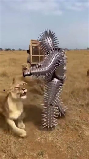 Man in Spiked Porcupine Suit Faces Lion Pride in Savanna... They Can't Get Through