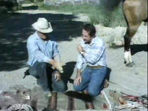 Richard Ahlborn interviews Les Stewart while he demonstrates how to make horsehair rope to be used as hackamores, reins, and lead rope. - Hackamores are a type of halter used with some frequency in the California/Northern Great Basin region, especially to break horses. The word is derived from the Spanish jaquima, meaning halter. A hackamore consists of a braided rawhide bosal or noseband, a braided rawhide headstall with associated leather strips, and a macardy. Macardy (or McCarty) is derived 