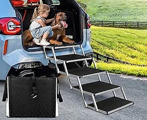 Dog Ramp for Cars, SUVs, and High Beds - 5 Steps, Lightweight Aluminum Foldable Stairs for Large Dogs - Supports Up To 150-200lbs