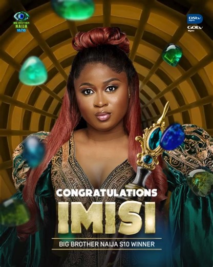 Imisi crowned the winner of Big Brother Naija season 10/10. 1st runner-up - Dede 2nd runner-up - Koyin 4th - Sultana 5th - Kola | Star FM