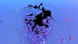 Broken wall dark pastel-violet color. Wall shatters into thousands of...