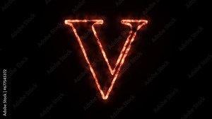 V Fire letter animation on a black background, V Fire letter. Burning alphabet. Real flames, Latter motion in black background