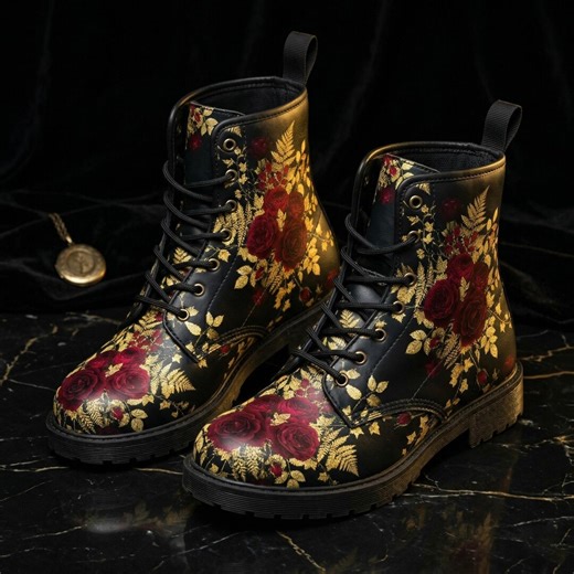 Red Roses Floral Vegan Leather Combat Boots: Elegant Gothic Gift - Etsy