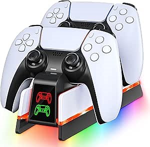 PS5 Controller Charger Station for PlayStation 5 Dualsense/Dualsense Edge, Charging Station with 10 LED Light, PS5 Controller Accessories Charging Dock, Black White