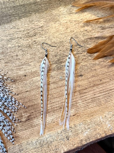 Hand-tied Feather Earrings | White and Tan Rooster Feathers | Silver Dangle Earrings - Etsy