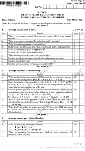 @Study Materials by Sanju.... on Instagram: "AKTU‼️ 3RD YEAR‼️ B.TECH‼️5TH SEM‼️THEORY EXAMINTION OF‼️ DESIGN ANALYSIS & ALGORITHM‼️2020-21 ‼️#exam #paper"
