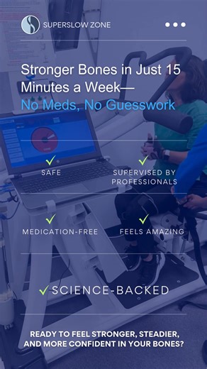 𝗦𝘁𝗿𝗼𝗻𝗴𝗲𝗿 𝗕𝗼𝗻𝗲𝘀 𝗶𝗻 𝗝𝘂𝘀𝘁 𝟭𝟱 𝗠𝗶𝗻𝘂𝘁𝗲𝘀 𝗮 𝗪𝗲𝗲𝗸—N𝗼 𝗠𝗲𝗱𝘀, 𝗡𝗼 𝗚𝘂𝗲𝘀𝘀𝘄𝗼𝗿𝗸 SuperSlow Zone’s Strong Bone Health program is designed for results—without the side effects of medication. Using advanced, medical-grade equipment (think: whole-body vibration and our patented bioDensity system), we help your body naturally stimulate bone growth and strength. Just 15 minutes, once a week is all it takes. This isn’t a workout—it’s a medical exercise treatment, guided o