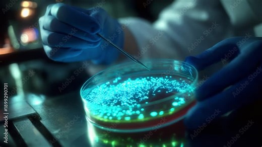 Exploring Bioluminescence in Laboratory Conditions: A Scientist Analyzes Fluorescent Cultures in Petri Dishes with Precise Tools, Shedding Light on Microbial Growth and Biological Innovations.