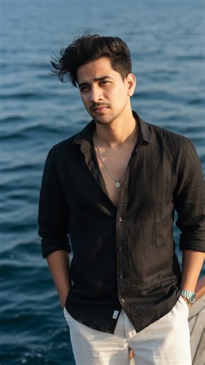 𝐕 𝐯 on Instagram: "• 🖤 Prompt : A high-resolution lifestyle portrait of a handsome young man with voluminous, windswept dark hair, standing on a boat deck at sea. He is wearing an unbuttoned black linen shirt, showing his chest, paired with off-white trousers. He has a subtle no smile, light stubble, a silver necklace with a small pendant, and a metal wristwatch. The background features deep blue ocean water with soft bokeh. Natural daylight, cinematic lighting, shot on 85mm lens, sharp focus