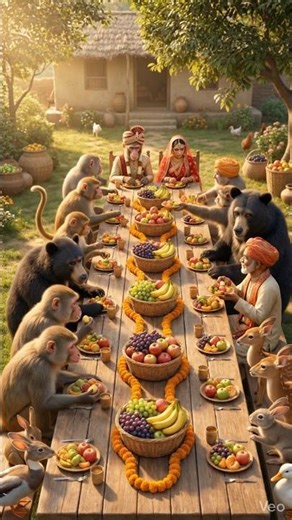 ​MONKEY WEDDING FEAST! 🐒🍎 Rabbits, Ducks & Bear Eating Together #monkey #wedding #feast #rabbits