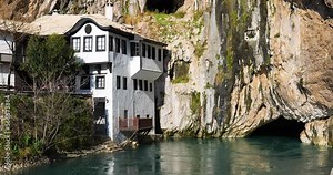View of Tekija in Blagaj in BiH. The Tekija, dervish house, set at the source of the river Buna, was and still is a venue for dervish Zikr praise-chanting three nights weekly.