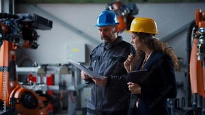 Female engineering manager and mechanic worker doing routine check up in industrial factory