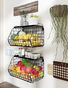 2pcs Fruit Basket, Stackable Wall Mounted Pantry Organizers and Storage Basket with Metal Tray Top, Kitchen Hanging Wire Basket Countertop Organizer for Storage Fruit Potato Onion Snack Veggie