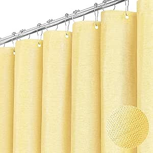 BTTN Yellow Fabric Shower Curtain - Linen Textured Weighted Cloth Shower Curtain Set with 12 Plastic Hooks, Machine Washable, Modern Hotel Luxury, Decorative Neutral Bath Curtains for Bathroom, 72x72