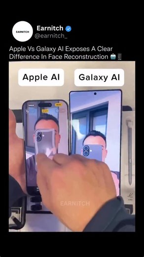 EARNITCH on Instagram: "This side-by-side makes the gap between an iPhone and a Galaxy impossible to ignore. When both systems are asked to reconstruct a human face, Galaxy Al preserves facial structure, proportions, and realism, while Apple Al collapses under the same task. The difference isn’t cosmetic, it’s foundational. This comes down to computer vision models, training depth, and how each system understands facial geometry. Galaxy’s approach maintains identity consistency even when key vis