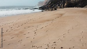 A captivating aerial perspective of the enchanting sandy shores of Nazaré, Portugal, where golden sands create a canvas adorned with intriguing trace patterns. Presented in stunning 4K.