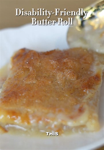 Replying to @user199319281 Disability-Friendly Butter Roll 1 Refrigerated pie crust Filling: 1/4 cup sugar 3 tbs salted butter, softened 2 tsp salted butter, for the pan Sauce: 1/2 cup sweetened condensed milk 1/4 cup evaporated milk 1 1/2 tsp vanilla Topping: 2 tbs sugar 1/8 tsp cinnamon 1/16 tsp nutmeg Unroll refrigerated pie crust. Spread the softened butter all over the top. Sprinkle on the sugar. Fold in corners then fold in half to form a long log. Cut the dough into fourths, or whichever 