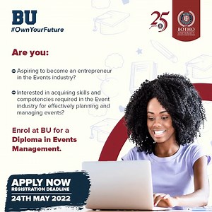 5.5K views · 148 reactions | Do you love planning events and networking? You can turn your passion into a career by enrolling as an online student for a Diploma in Events Management at BU. May 2022 intake ongoing #OwnYourFuture by enroling today: https://online.bothouniversity.com/explore-programs/course/diploma-level-6-in-eventsmanagement | Botho University Online - BUO | Facebook