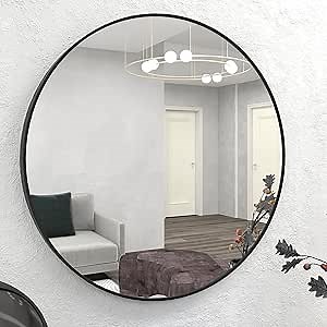 42 Inch Large Round Wall Circle Mirror Metal Framed Wall-Mounted Hanging Mirror, Contemporary Classic Deep Set Design for Home Decor Round Vanity Mirror (Matte Black, 42 inch)